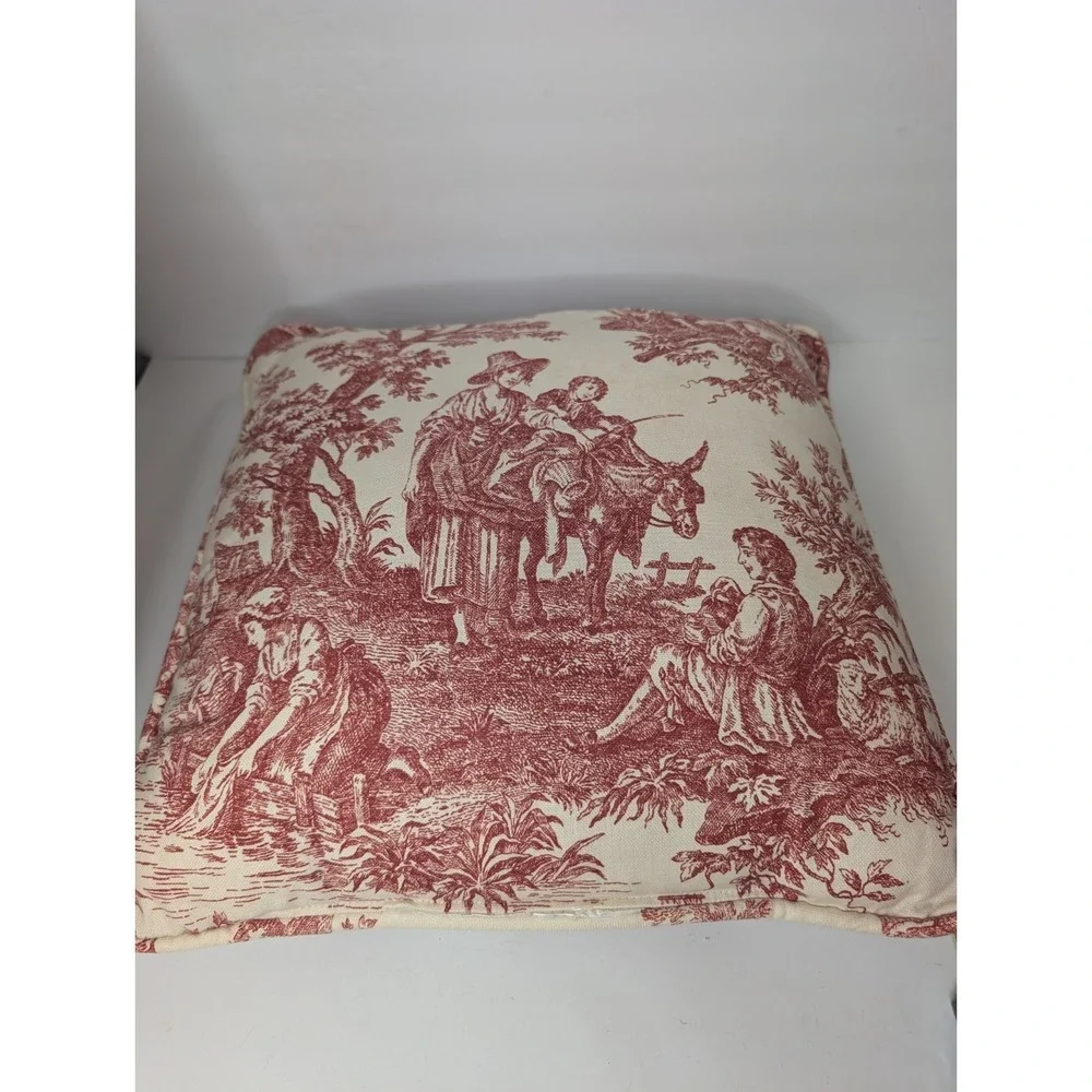 Vintage Red Toile Throw Accent Pillow 15x15 Cream Burgundy Pastoral Cottage